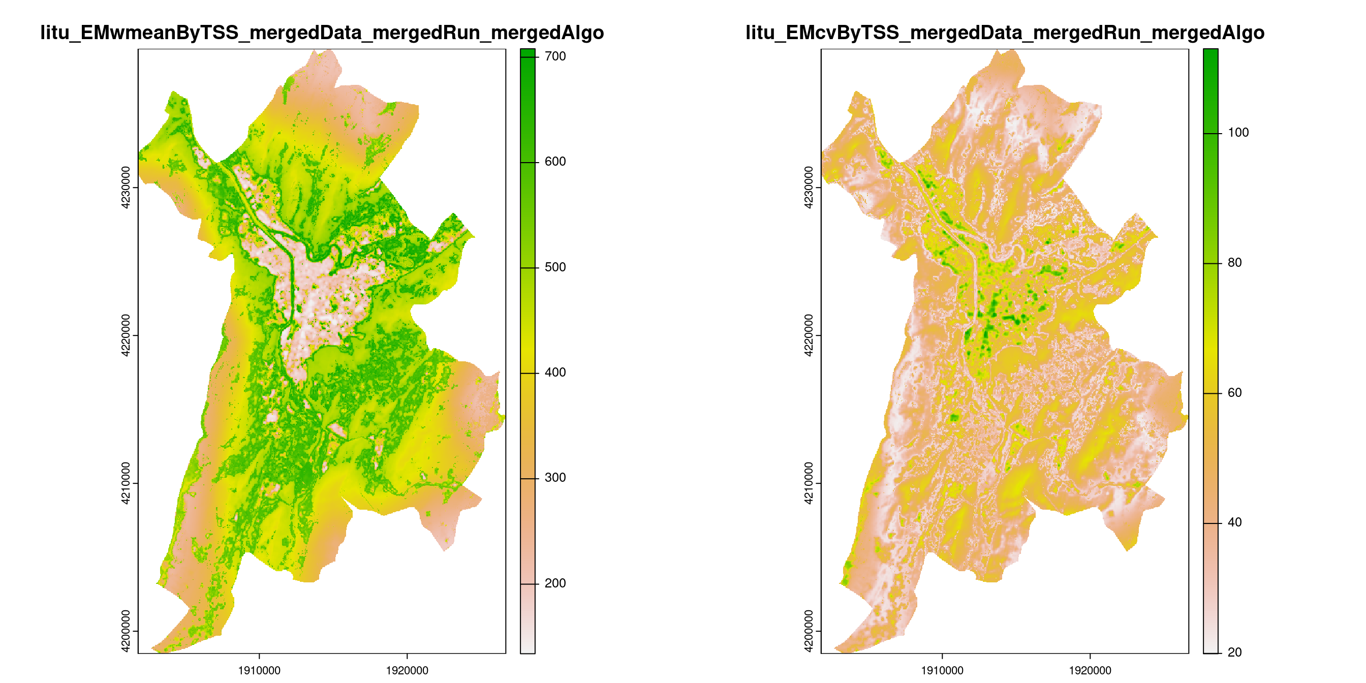 A) Projection de la distribution potentielle contemporaine (modèle d'ensemble) sur la métropole de Grenoble ; B) Incertitude associée à la projection.