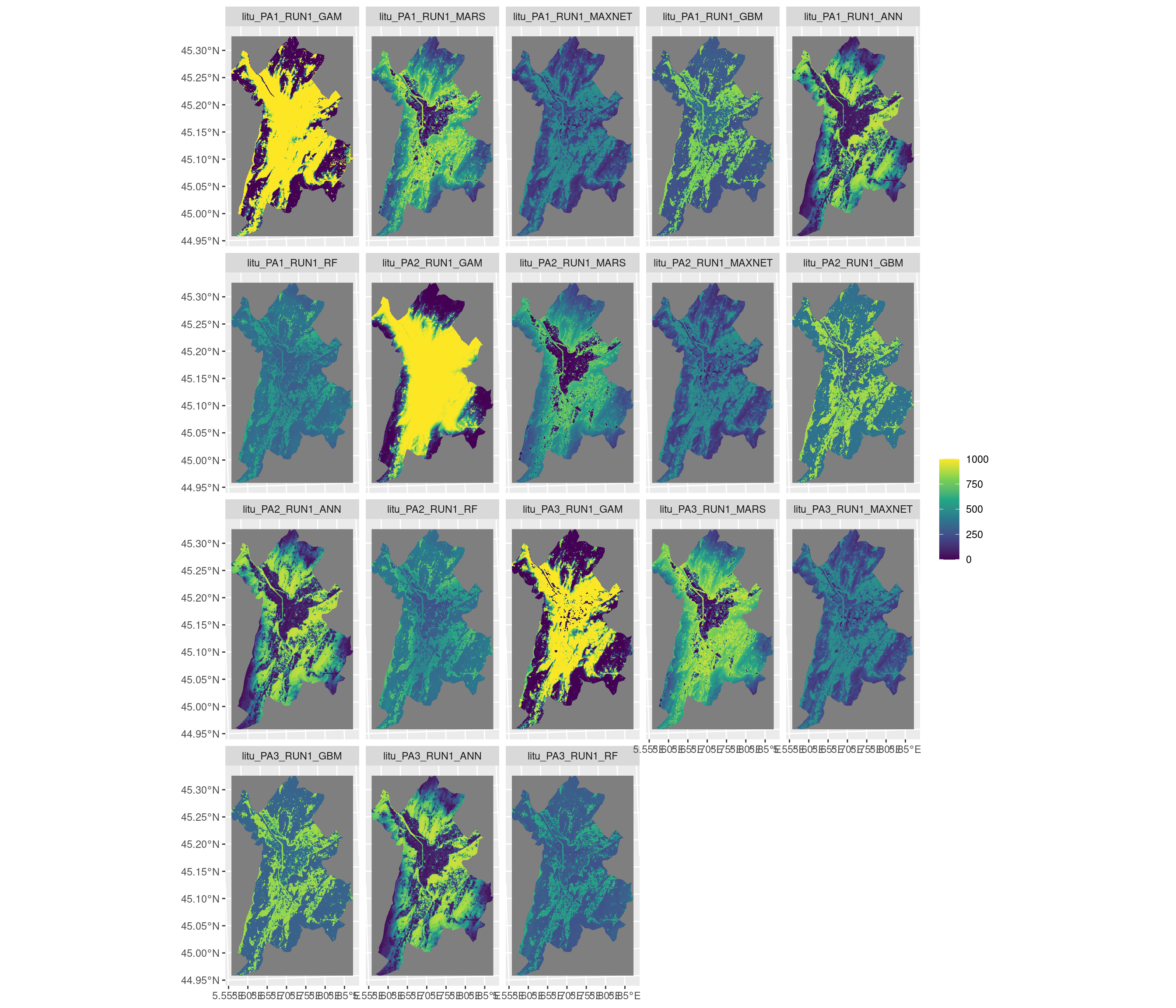 Projection de la distribution potentielle contemporaine sur la métropole de Grenoble, selon les 6 algorithmes et les 3 runs.