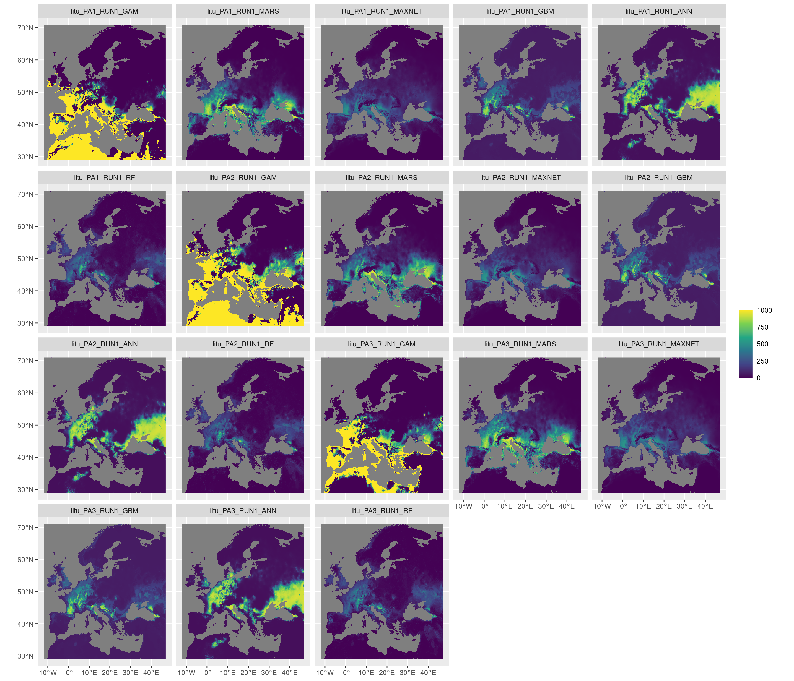 Projection de la distribution potentielle contemporaine sur l'Europe, selon les 6 algorithmes et les 3 runs.