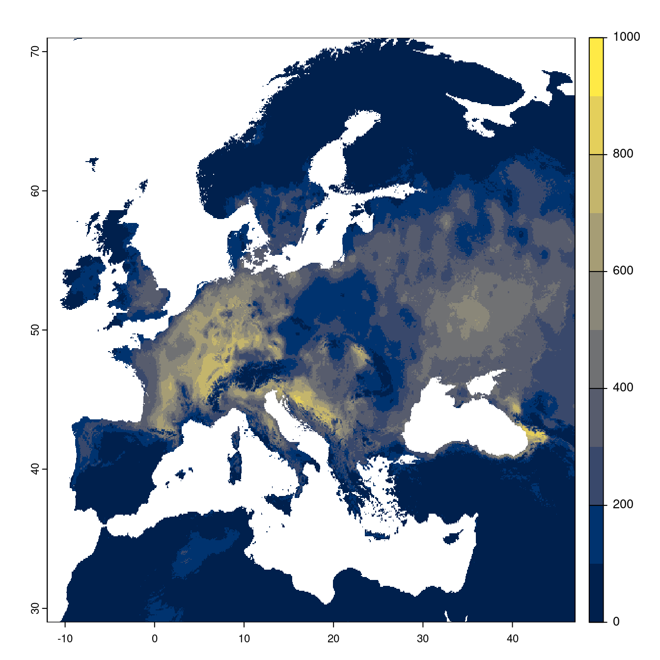 Projection des distributions potentielles futures jusqu'à l'horizon 2100 sous le scénario SSP1-2.6 (modèle d'ensemble).