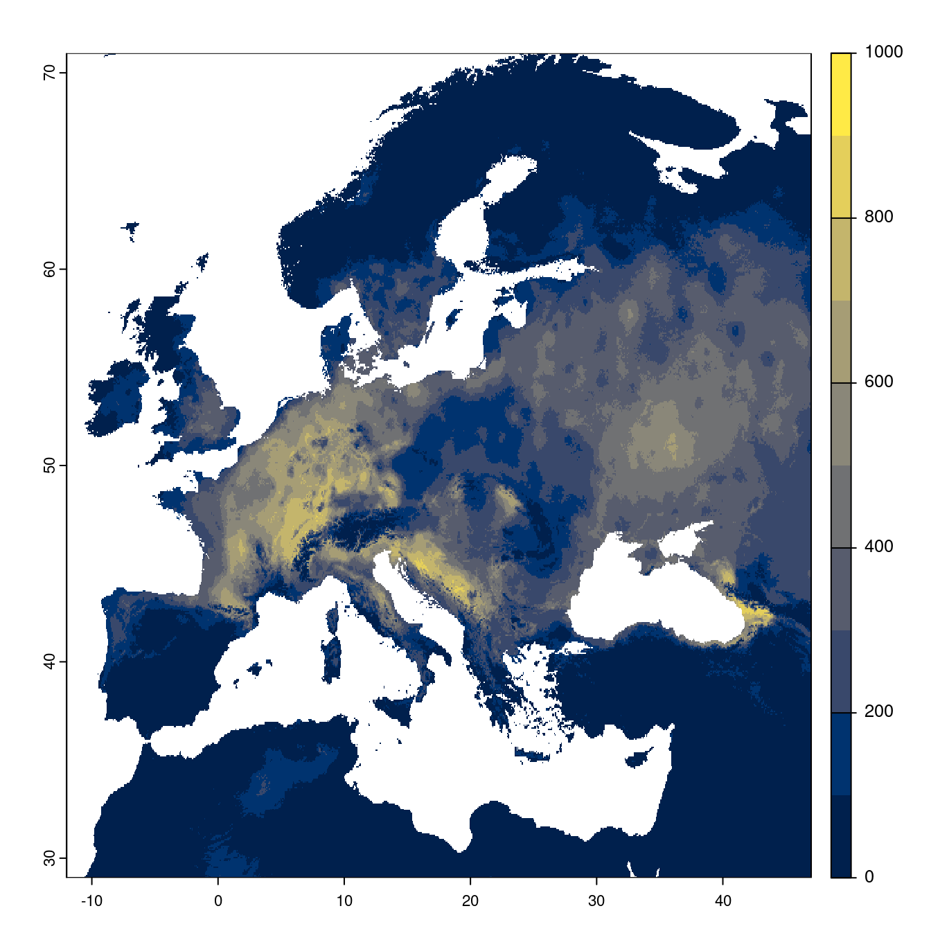 Projection des distributions potentielles futures jusqu'à l'horizon 2100 sous le scénario SSP2-4.5 (modèle d'ensemble).