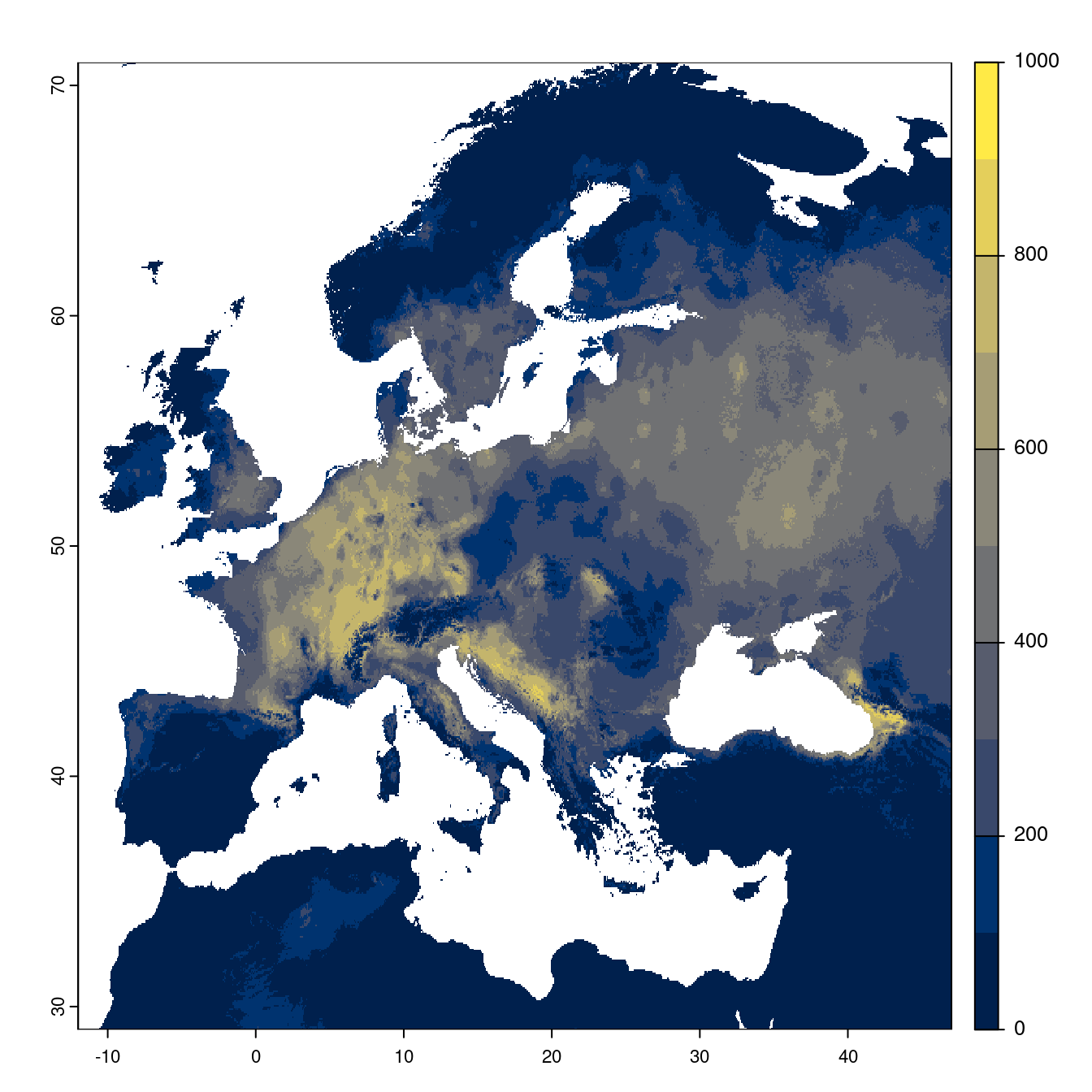 Projection des distributions potentielles futures jusqu'à l'horizon 2100 sous le scénario SSP2-4.5 (modèle d'ensemble).
