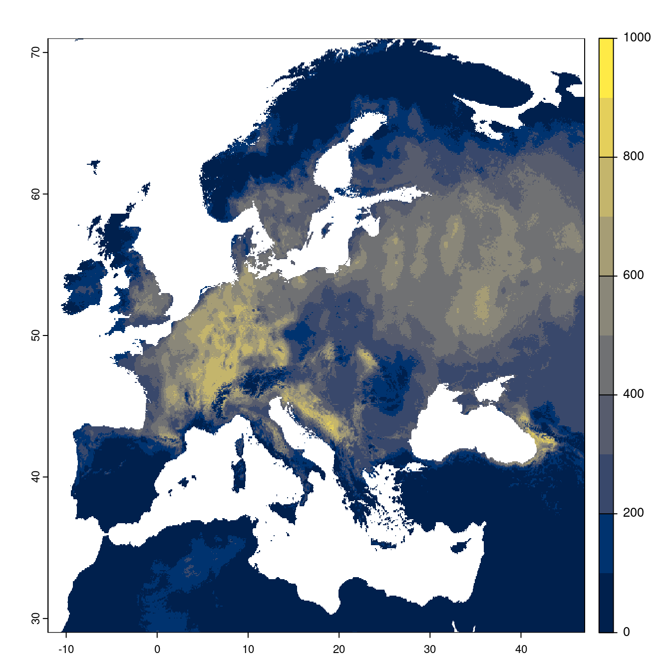 Projection des distributions potentielles futures jusqu'à l'horizon 2100 sous le scénario SSP2-4.5 (modèle d'ensemble).