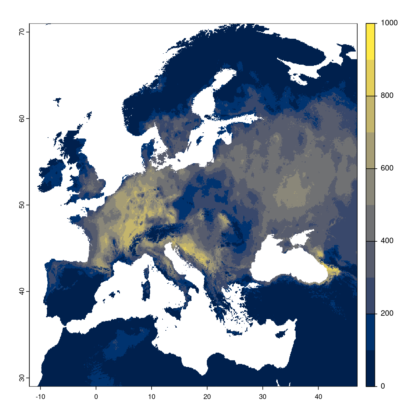Projection des distributions potentielles futures jusqu'à l'horizon 2100 sous le scénario SSP3-7.0 (modèle d'ensemble).