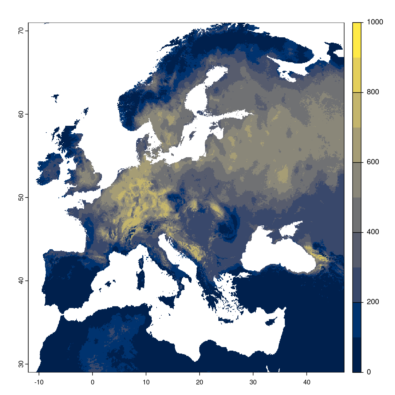 Projection des distributions potentielles futures jusqu'à l'horizon 2100 sous le scénario SSP3-7.0 (modèle d'ensemble).