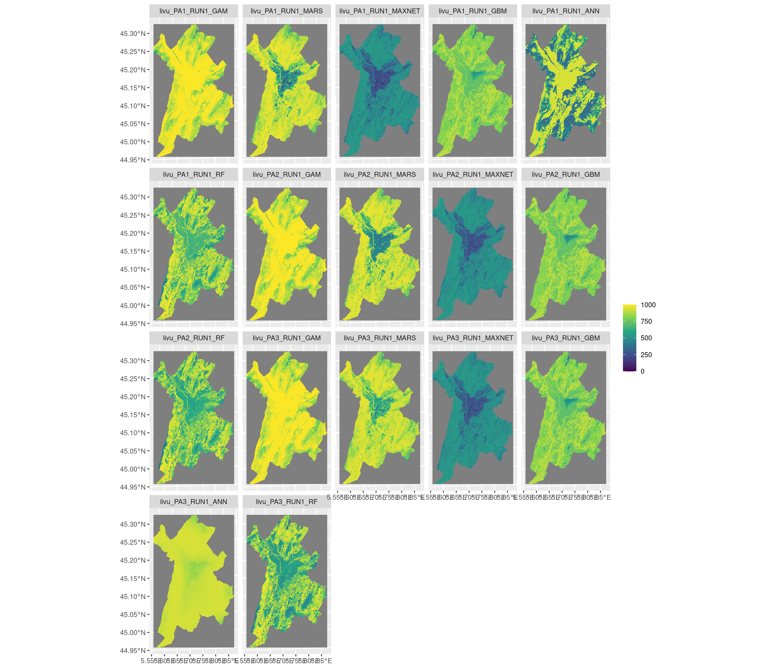 Projection de la distribution potentielle contemporaine sur la métropole de Grenoble, selon les 6 algorithmes et les 3 runs.