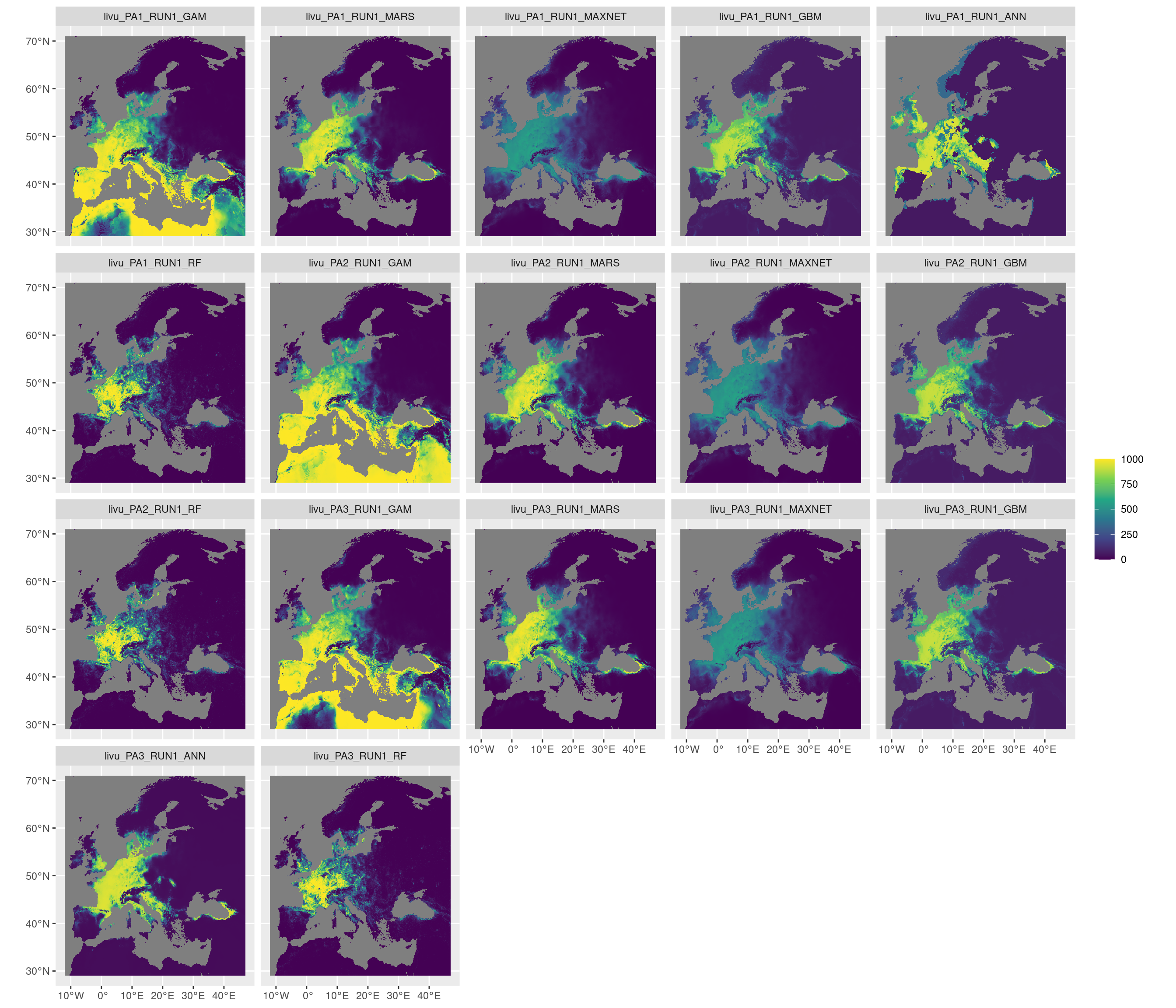 Projection de la distribution potentielle contemporaine sur l'Europe, selon les 6 algorithmes et les 3 runs.