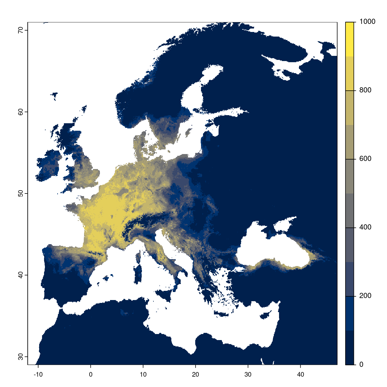 Projection des distributions potentielles futures jusqu'à l'horizon 2100 sous le scénario SSP5-8.5 (modèle d'ensemble).