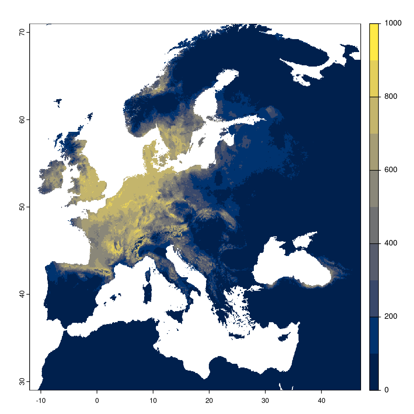 Projection des distributions potentielles futures jusqu'à l'horizon 2100 sous le scénario SSP5-8.5 (modèle d'ensemble).