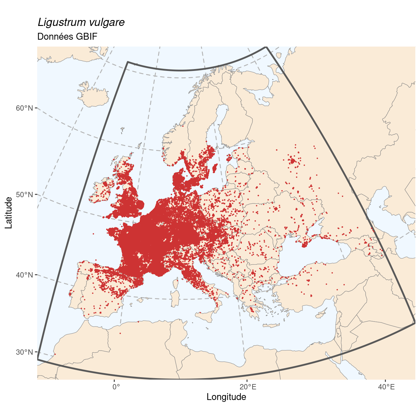 Occurrence de Ligustrum vulgare dans la région d'endémisme.