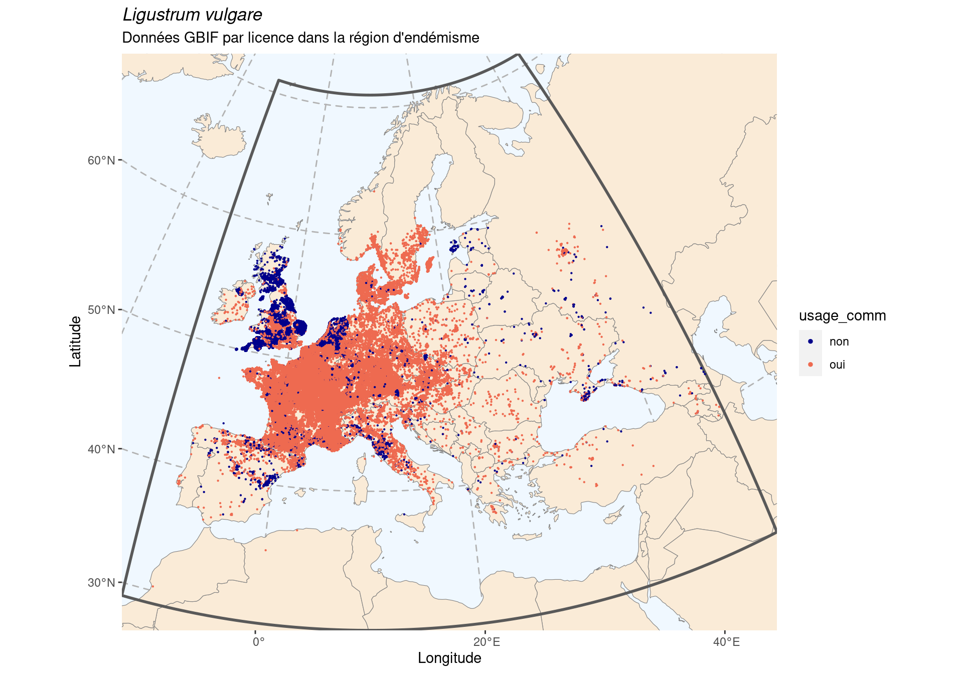 Occurrence de Ligustrum vulgare dans la région d'endémisme, selon la licence : CC BY-NC en bleu ; CC0 et CC BY en orange.