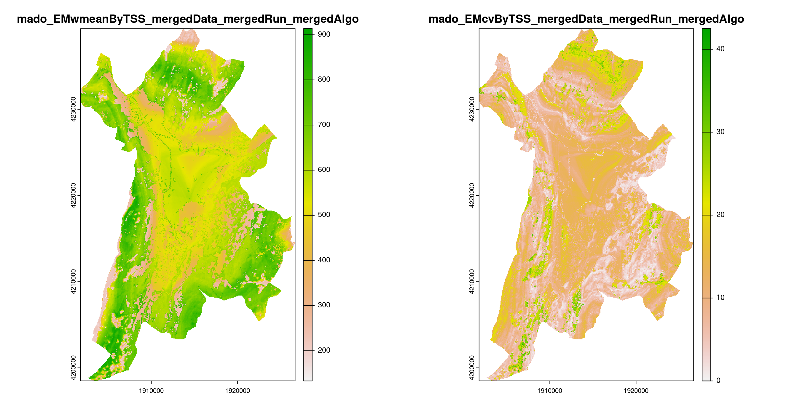 A) Projection de la distribution potentielle contemporaine (modèle d'ensemble) sur la métropole de Grenoble ; B) Incertitude associée à la projection.
