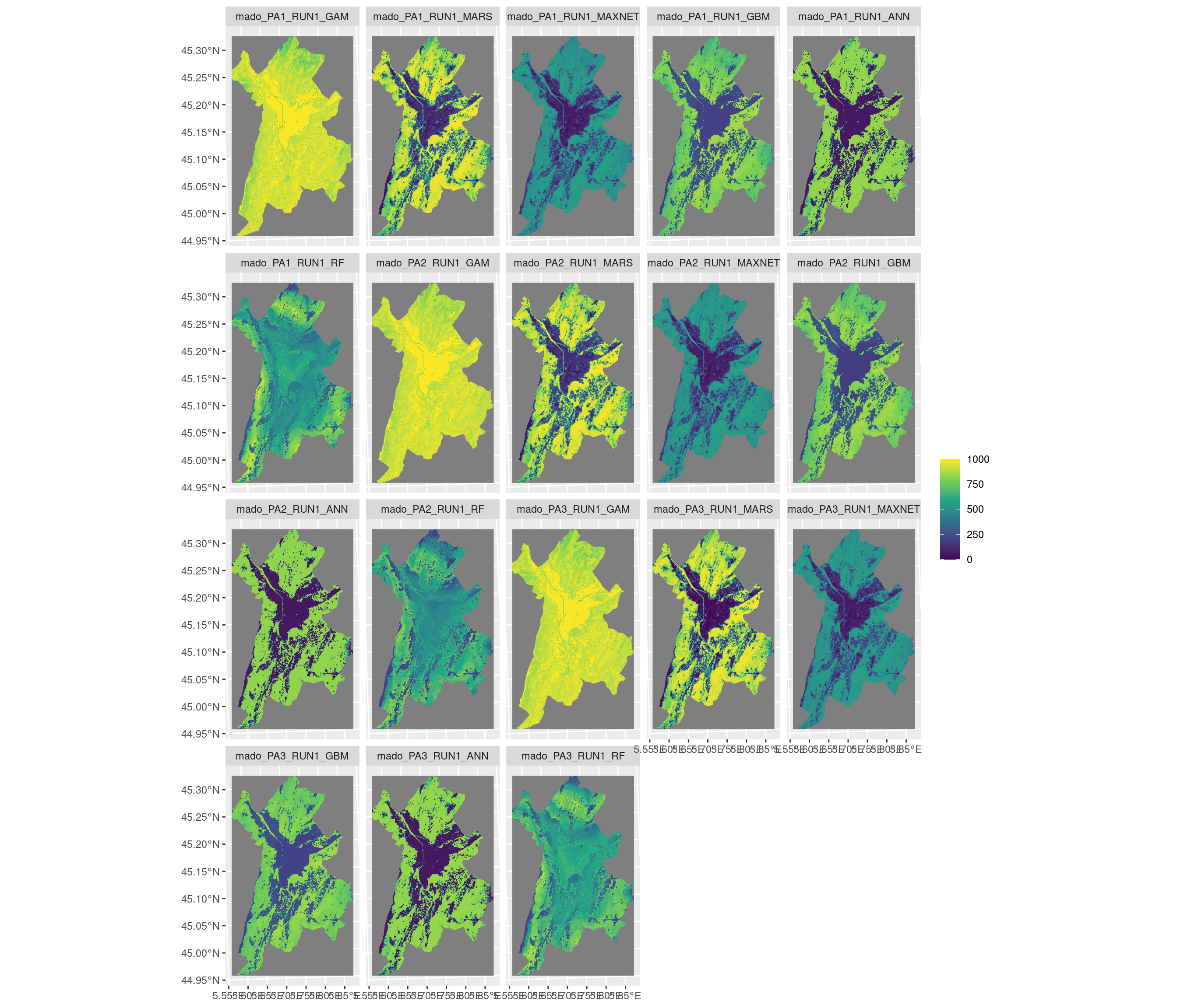 Projection de la distribution potentielle contemporaine sur la métropole de Grenoble, selon les 6 algorithmes et les 3 runs.
