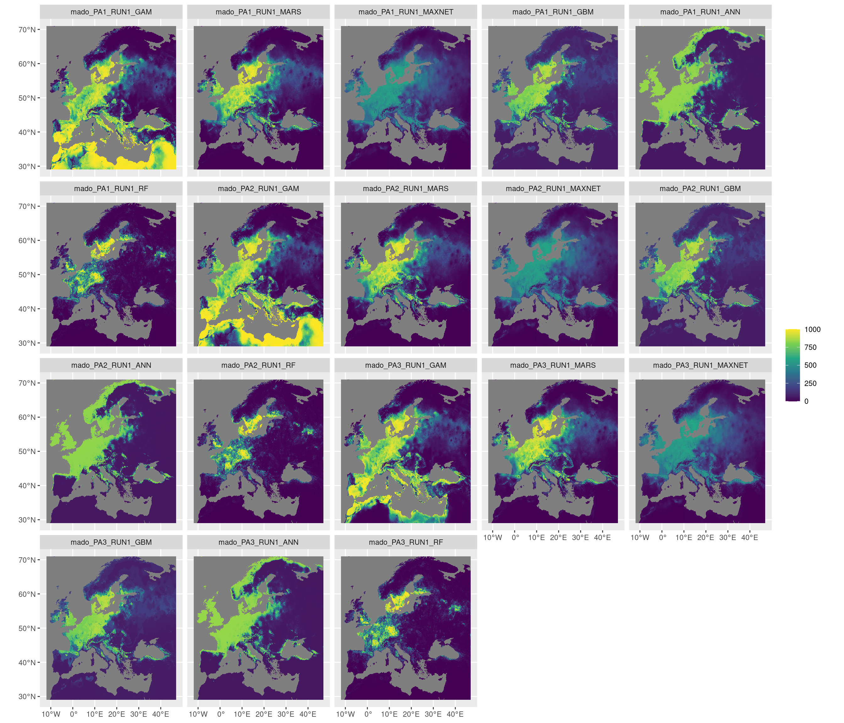 Projection de la distribution potentielle contemporaine sur l'Europe, selon les 6 algorithmes et les 3 runs.