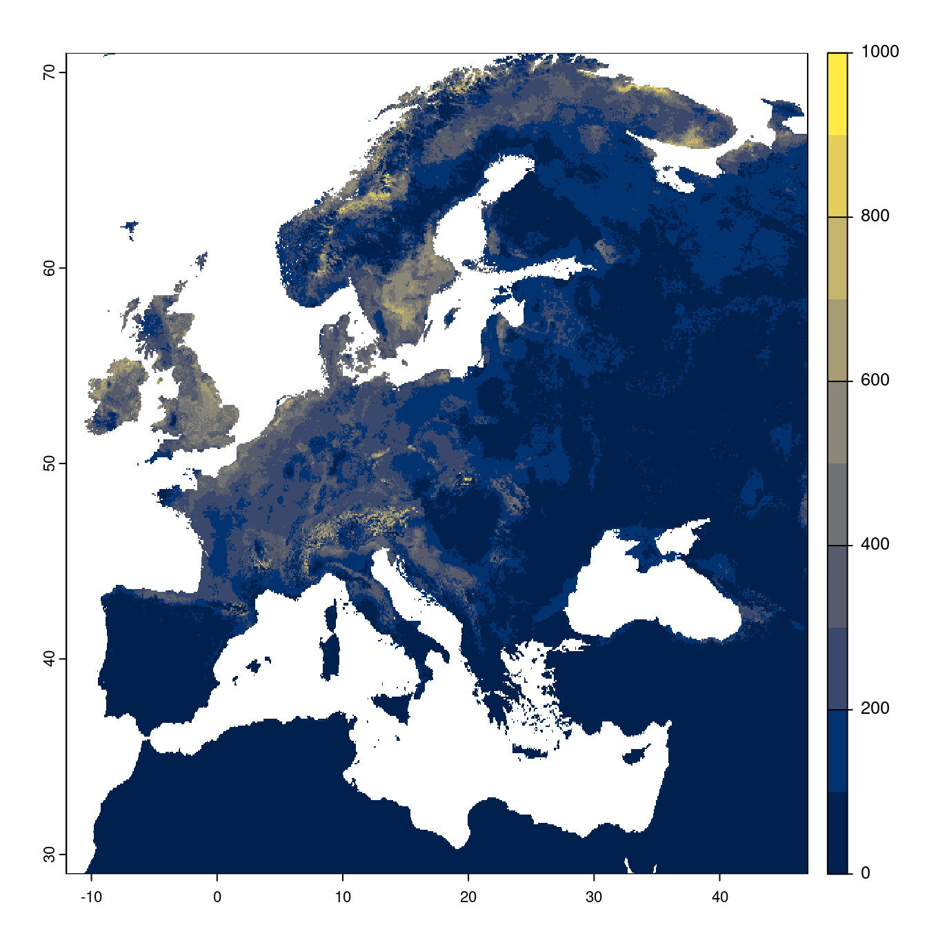 Projection des distributions potentielles futures jusqu'à l'horizon 2100 sous le scénario SSP3-7.0 (modèle d'ensemble).