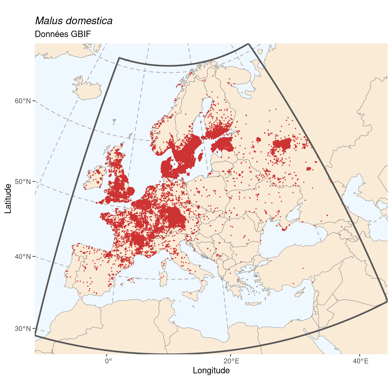 Occurrence de Malus domestica dans la région d'endémisme.