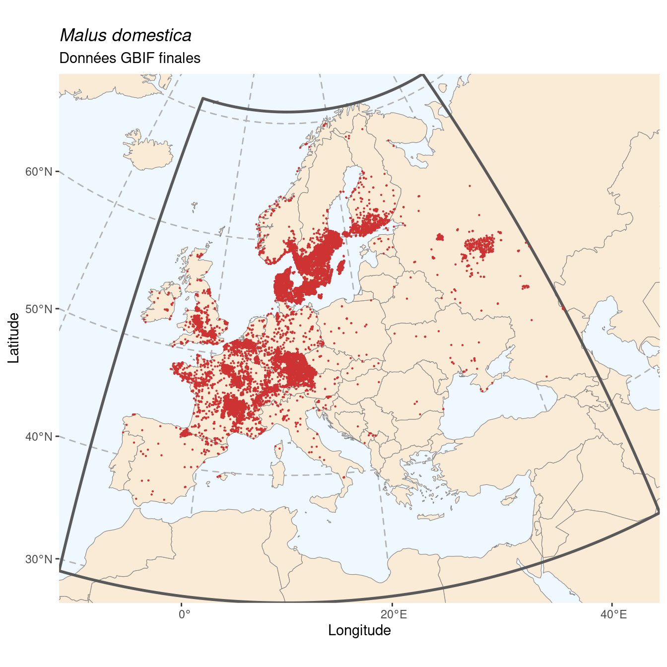 Occurrence de Malus domestica dans la région d'endémisme après sous-échantillonnage éventuel.