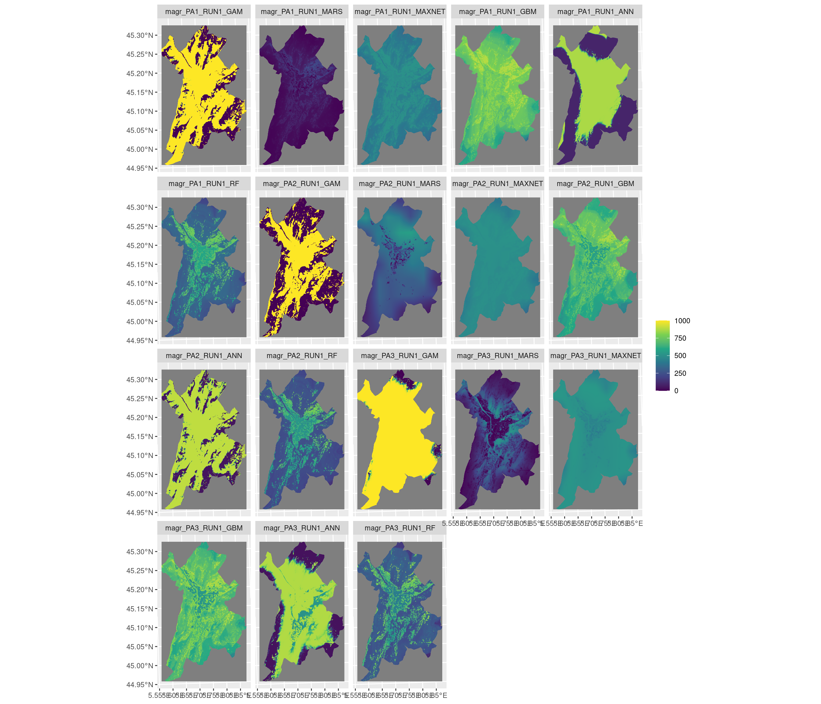 Projection de la distribution potentielle contemporaine sur la métropole de Grenoble, selon les 6 algorithmes et les 3 runs.