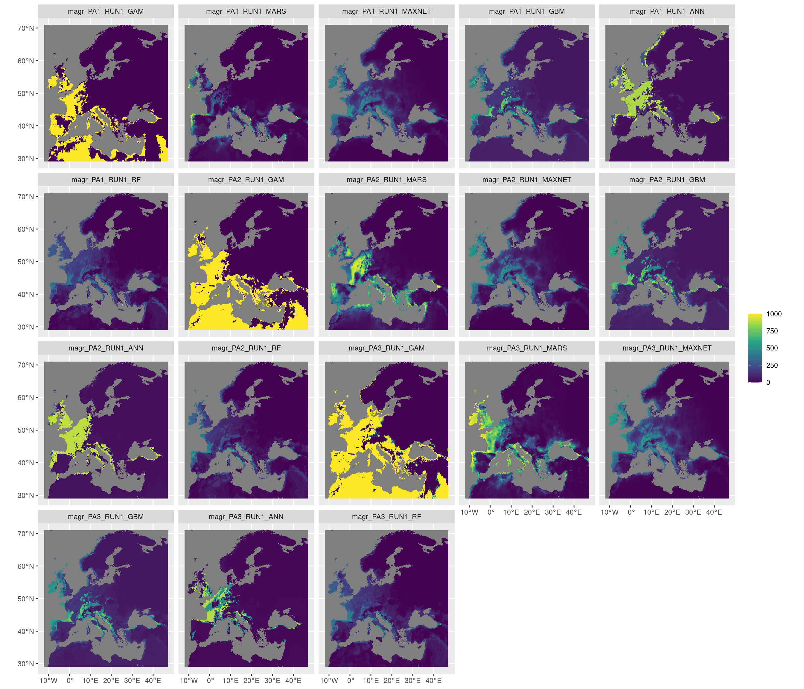 Projection de la distribution potentielle contemporaine sur l'Europe, selon les 6 algorithmes et les 3 runs.