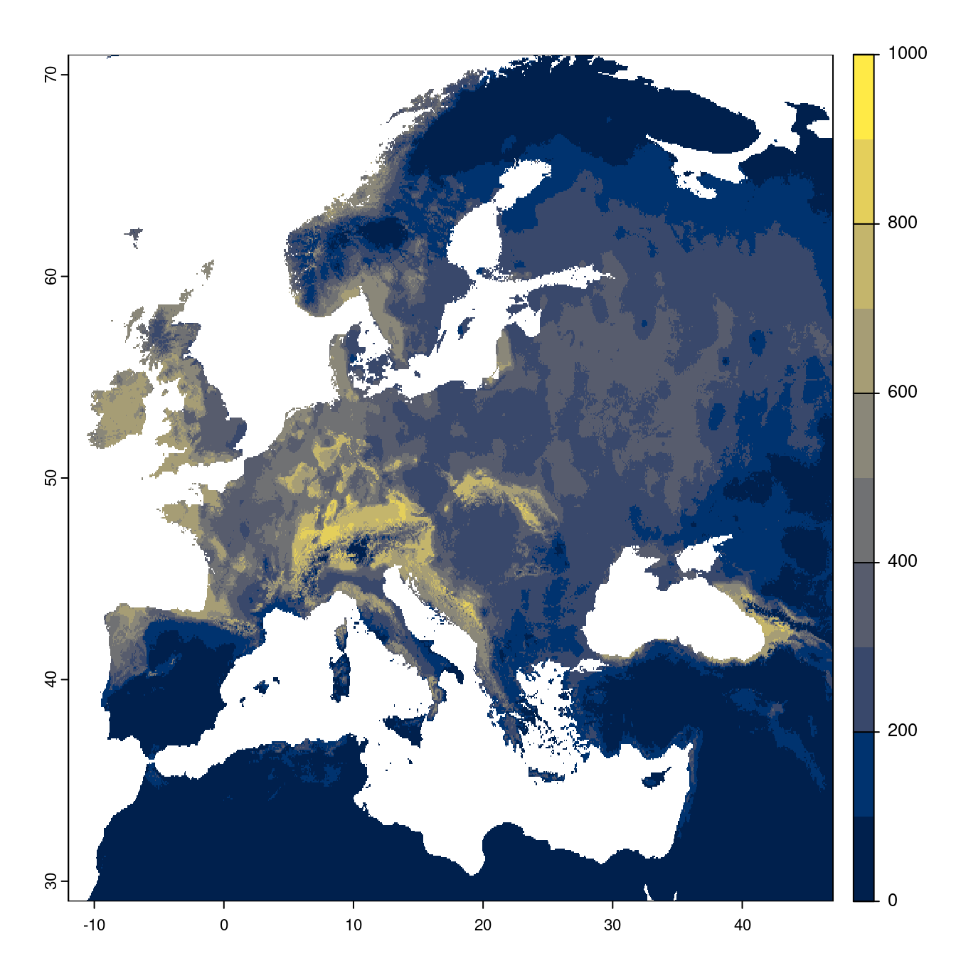 Projection des distributions potentielles futures jusqu'à l'horizon 2100 sous le scénario SSP3-7.0 (modèle d'ensemble).
