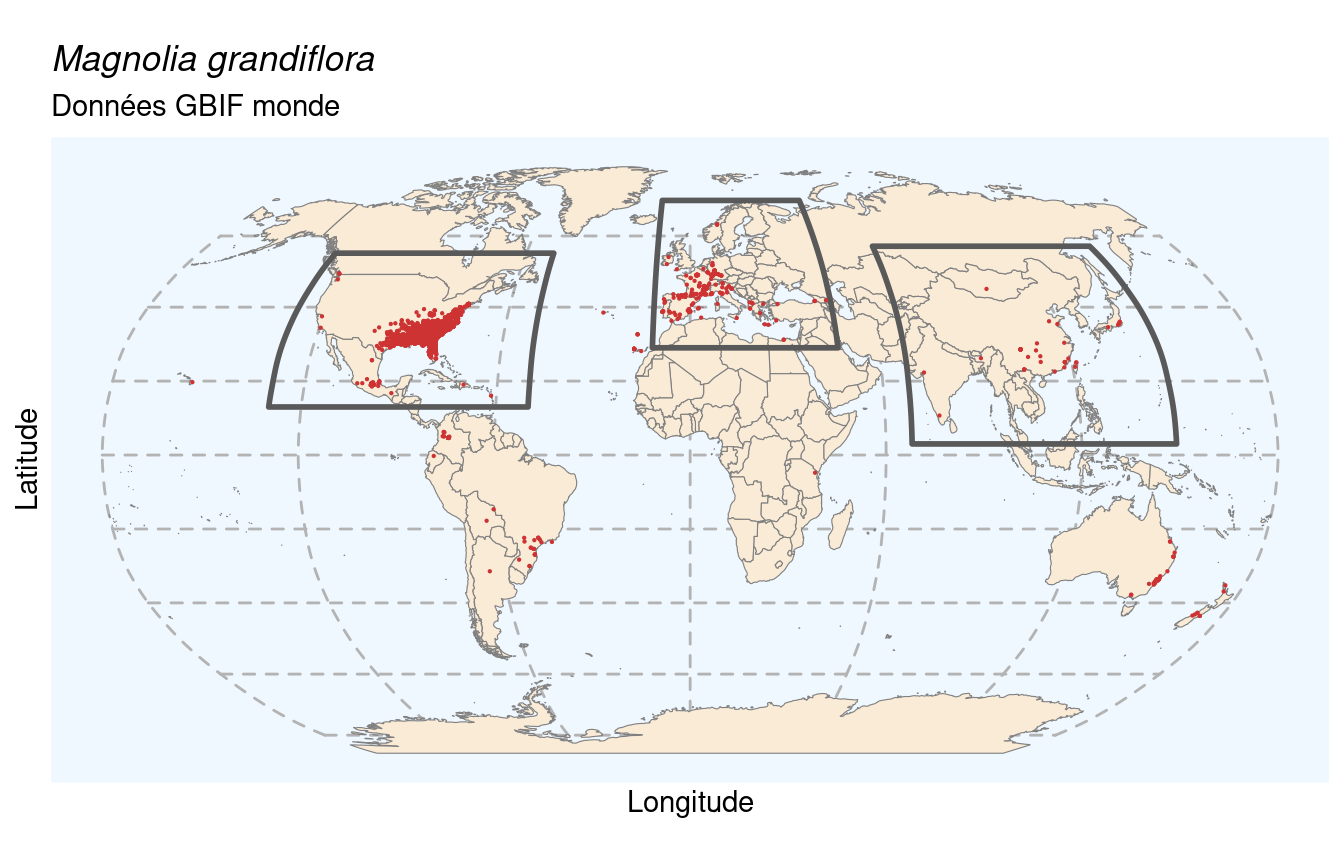 Occurrences de Magnolia grandiflora dans le monde.