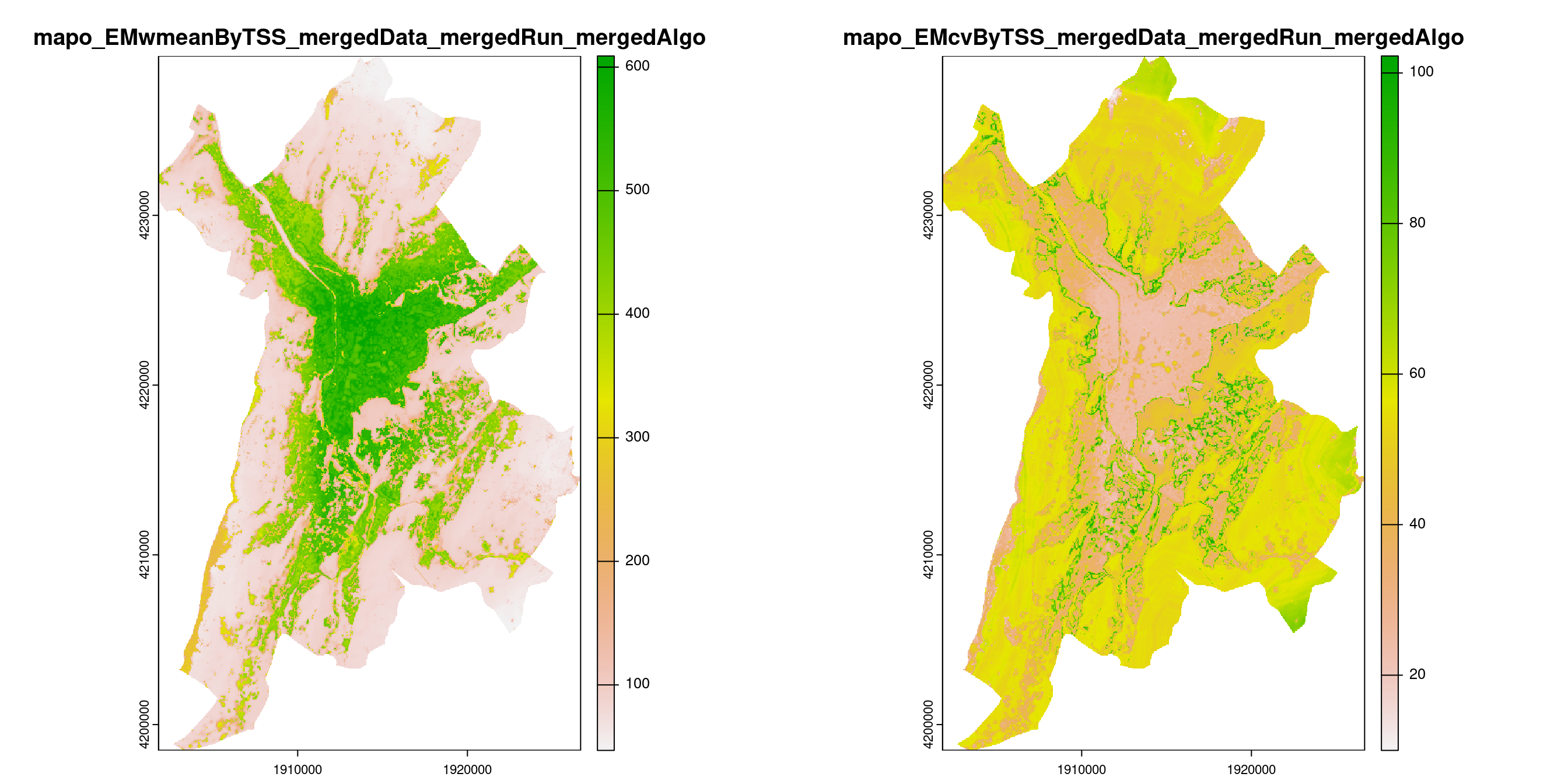 A) Projection de la distribution potentielle contemporaine (modèle d'ensemble) sur la métropole de Grenoble ; B) Incertitude associée à la projection.