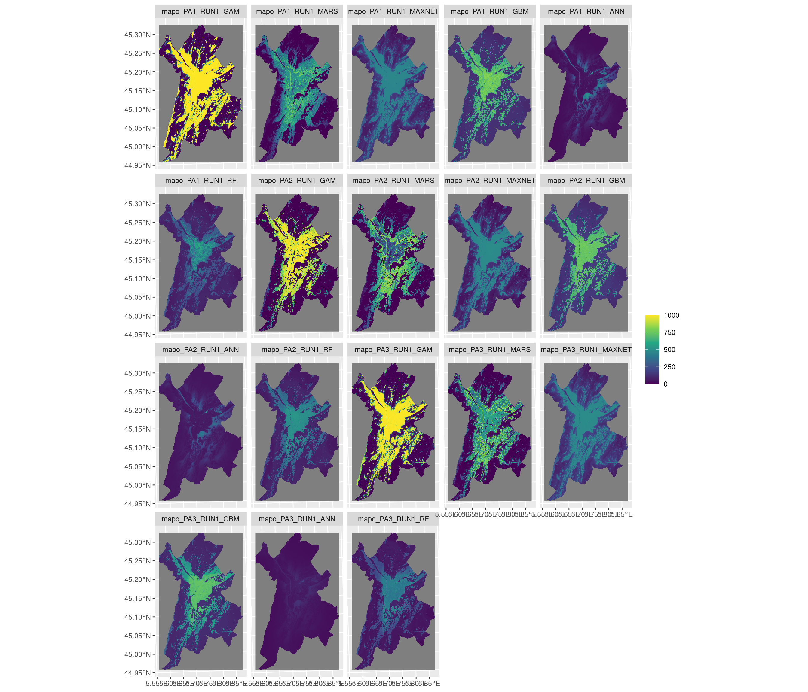 Projection de la distribution potentielle contemporaine sur la métropole de Grenoble, selon les 6 algorithmes et les 3 runs.