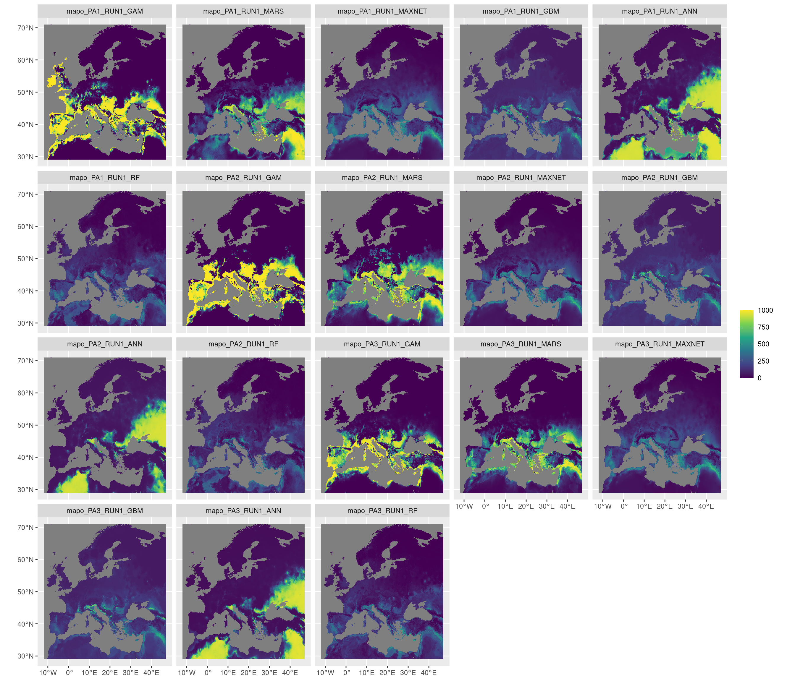 Projection de la distribution potentielle contemporaine sur l'Europe, selon les 6 algorithmes et les 3 runs.
