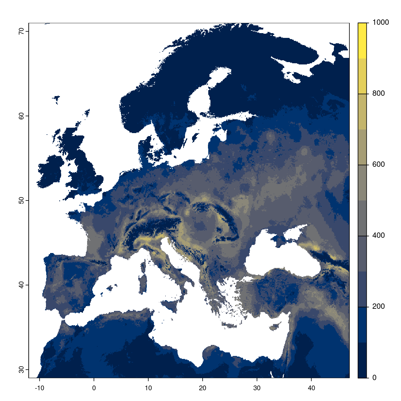 Projection des distributions potentielles futures jusqu'à l'horizon 2100 sous le scénario SSP1-2.6 (modèle d'ensemble).