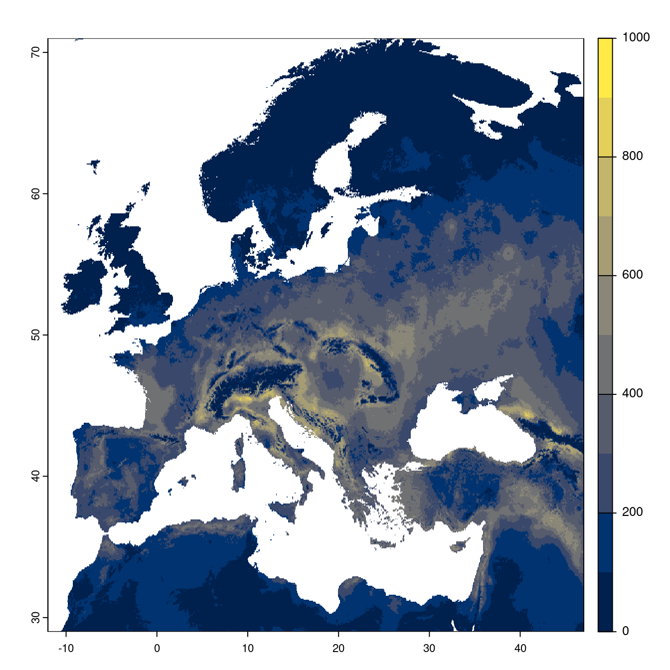 Projection des distributions potentielles futures jusqu'à l'horizon 2100 sous le scénario SSP2-4.5 (modèle d'ensemble).