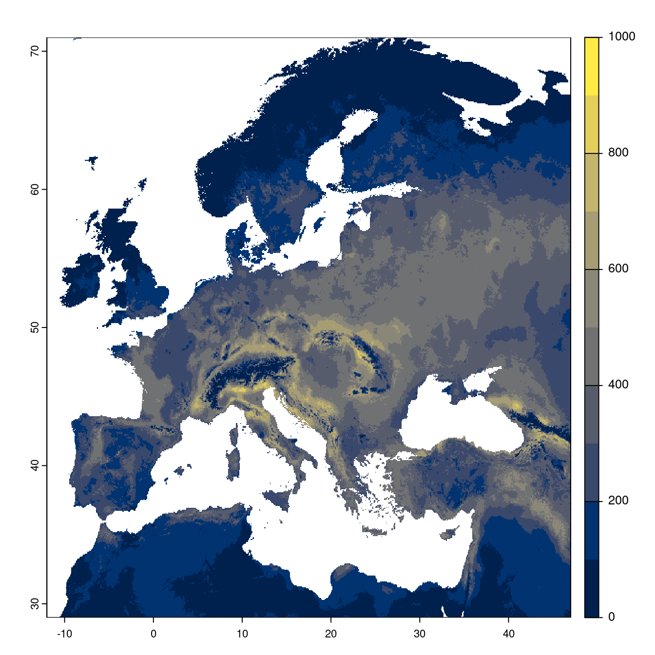 Projection des distributions potentielles futures jusqu'à l'horizon 2100 sous le scénario SSP2-4.5 (modèle d'ensemble).