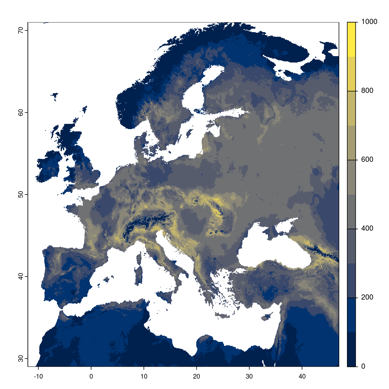 Projection des distributions potentielles futures jusqu'à l'horizon 2100 sous le scénario SSP3-7.0 (modèle d'ensemble).