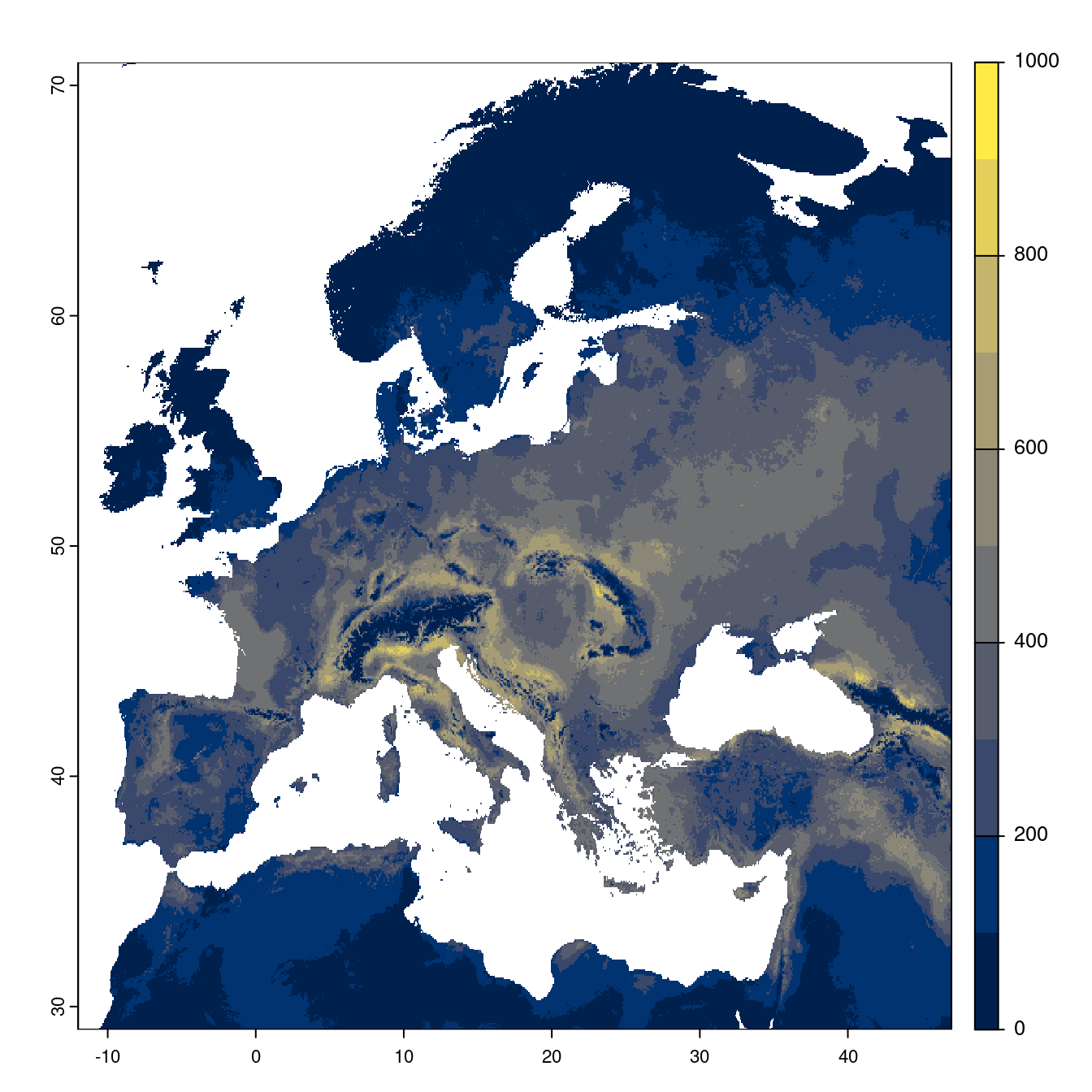 Projection des distributions potentielles futures jusqu'à l'horizon 2100 sous le scénario SSP5-8.5 (modèle d'ensemble).