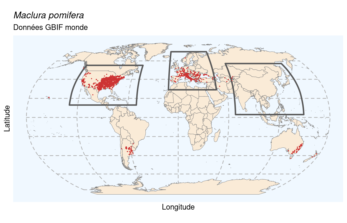 Occurrences de Maclura pomifera dans le monde.