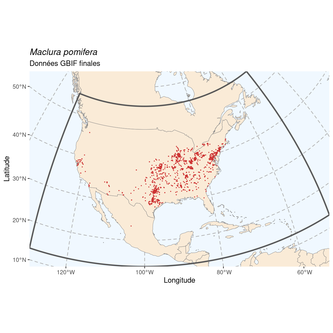 Occurrence de Maclura pomifera dans la région d'endémisme après sous-échantillonnage éventuel.