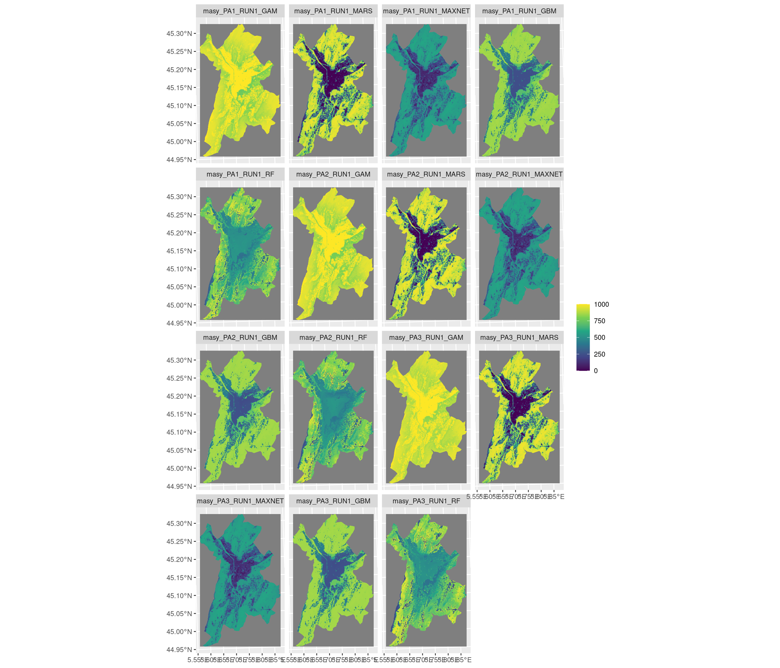 Projection de la distribution potentielle contemporaine sur la métropole de Grenoble, selon les 6 algorithmes et les 3 runs.