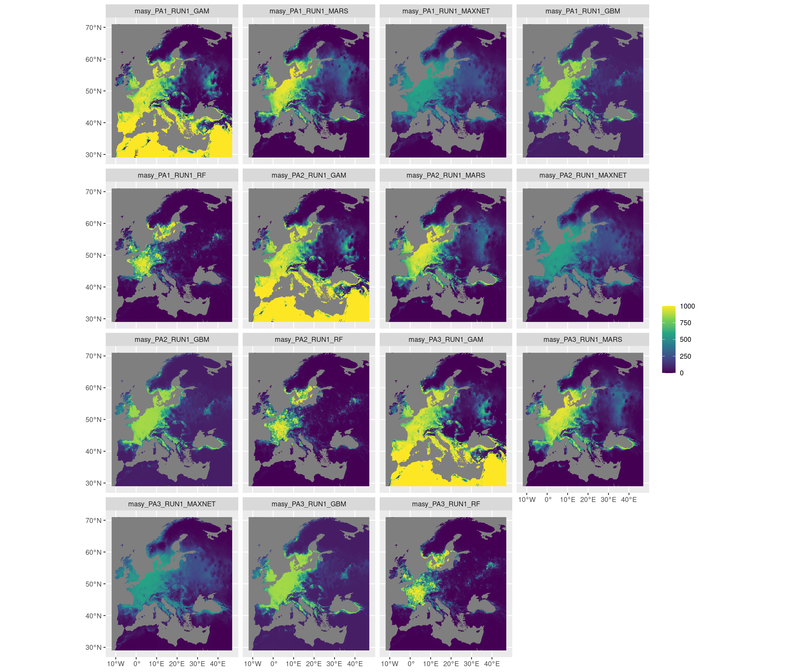 Projection de la distribution potentielle contemporaine sur l'Europe, selon les 6 algorithmes et les 3 runs.