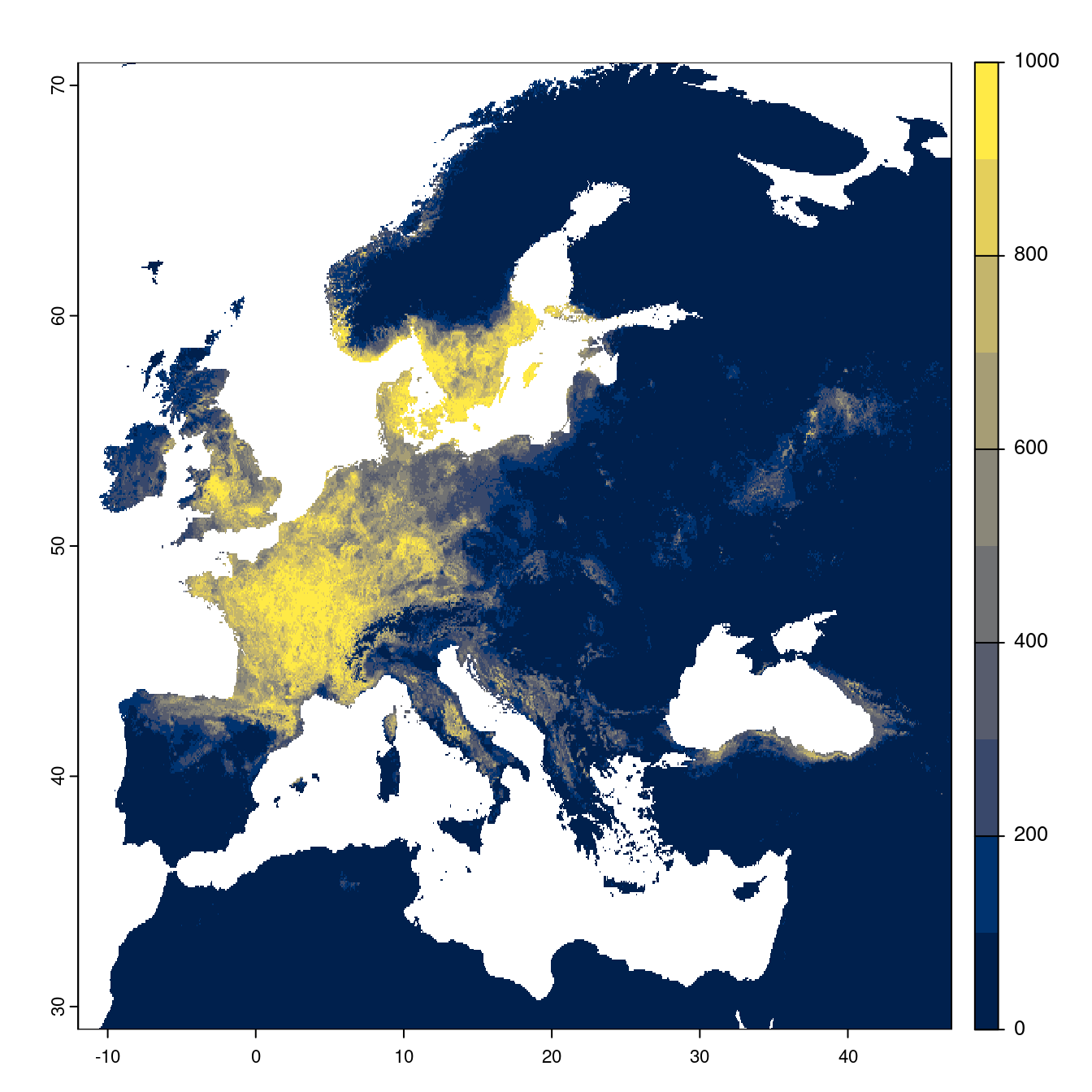 Projection des distributions potentielles futures jusqu'à l'horizon 2100 sous le scénario SSP1-2.6 (modèle d'ensemble).