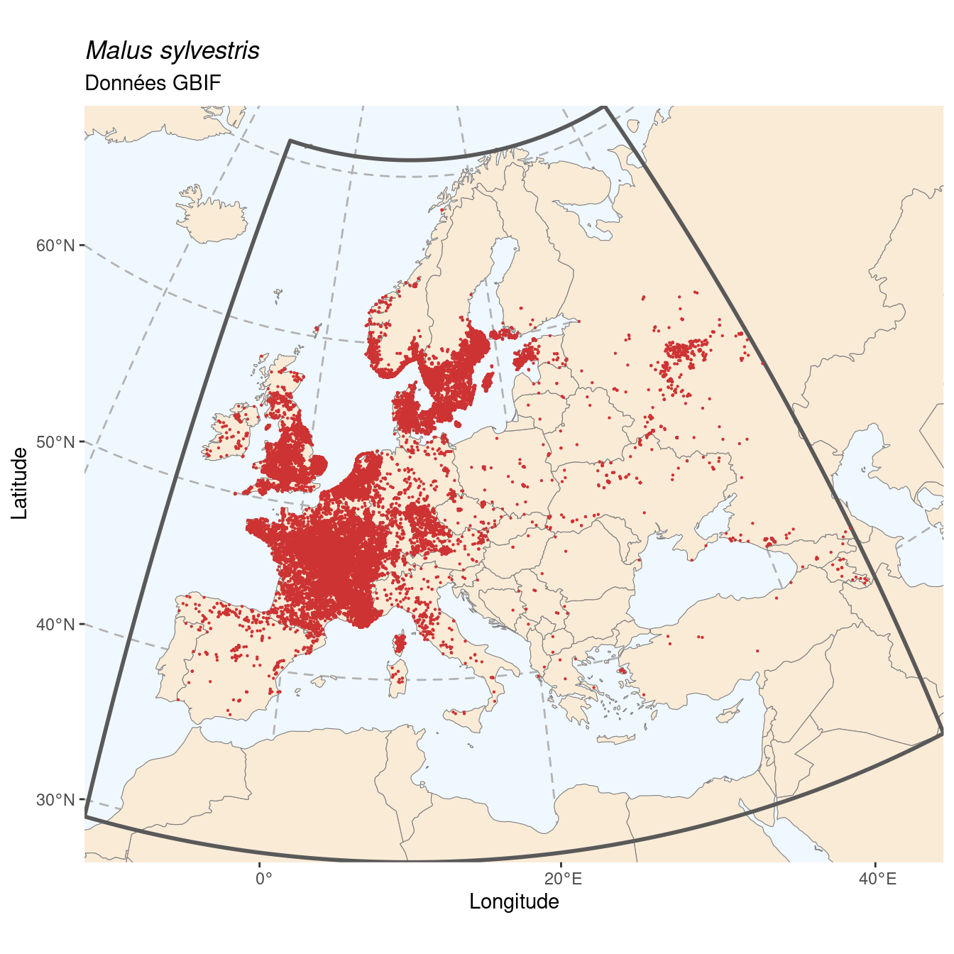 Occurrence de Malus sylvestris dans la région d'endémisme.