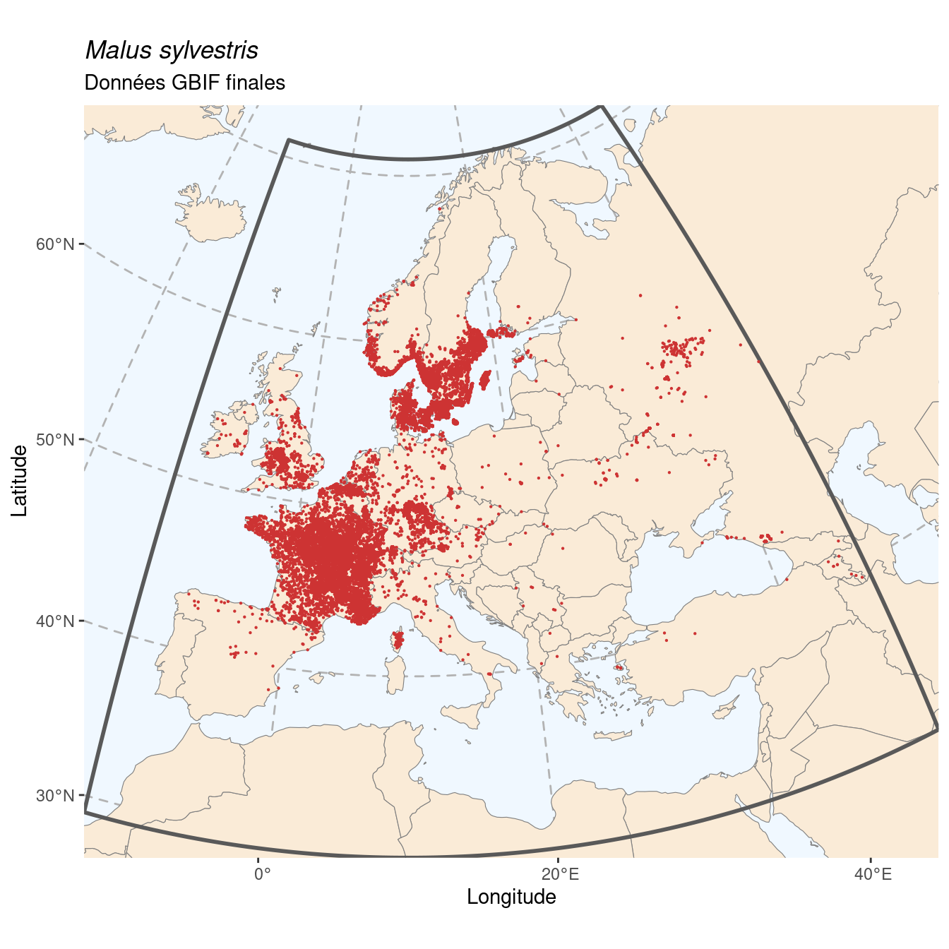 Occurrence de Malus sylvestris dans la région d'endémisme après sous-échantillonnage éventuel.