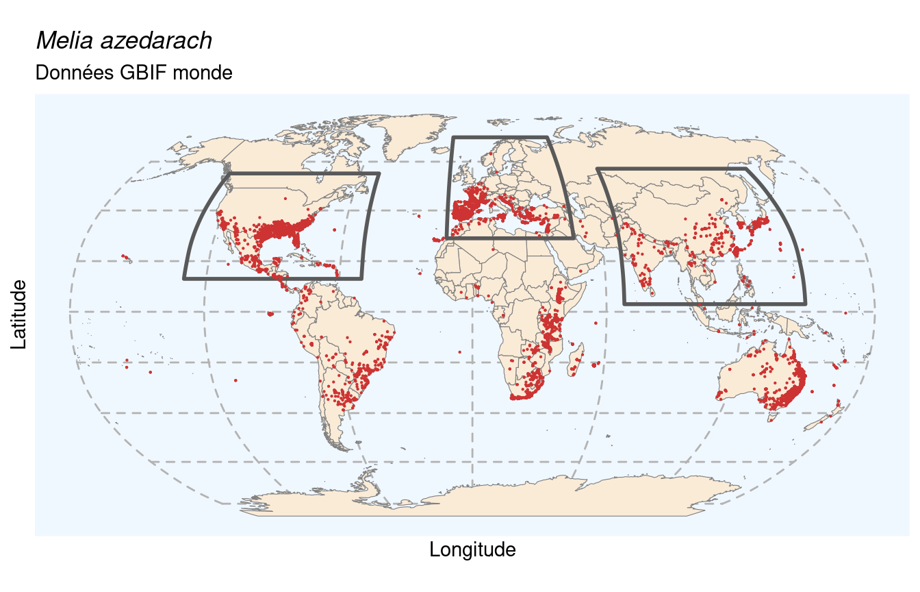 Occurrences de Melia azedarach dans le monde.