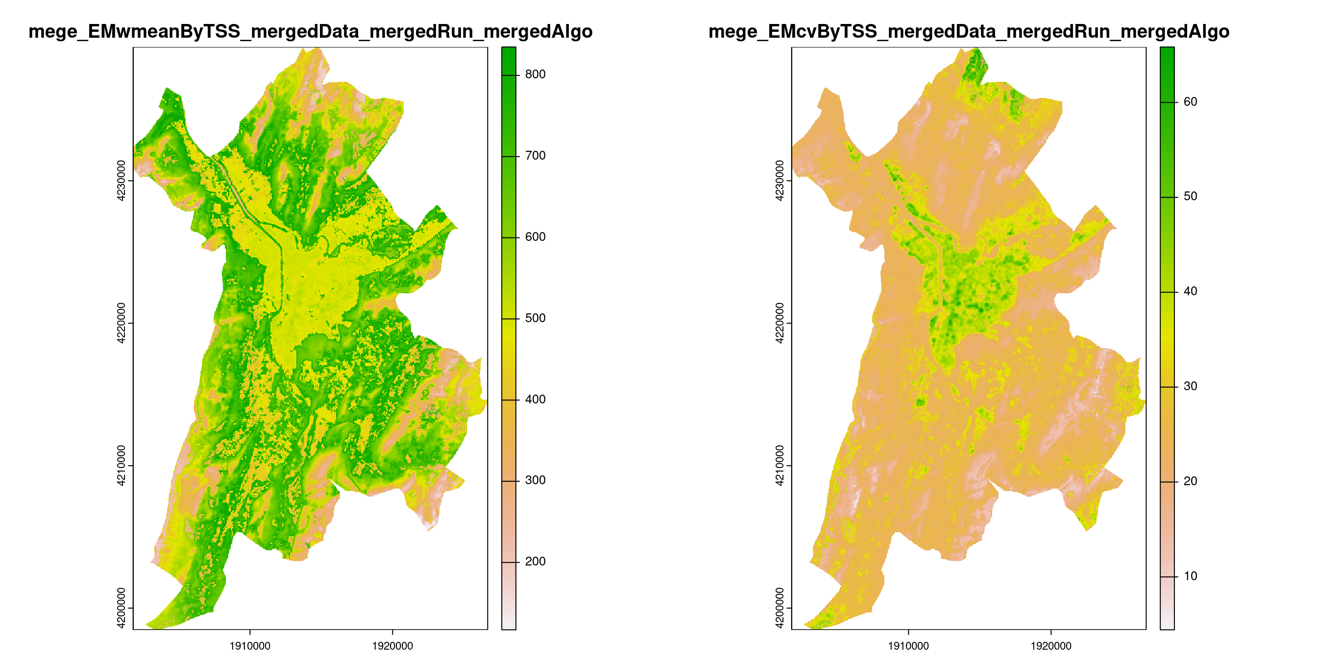 A) Projection de la distribution potentielle contemporaine (modèle d'ensemble) sur la métropole de Grenoble ; B) Incertitude associée à la projection.