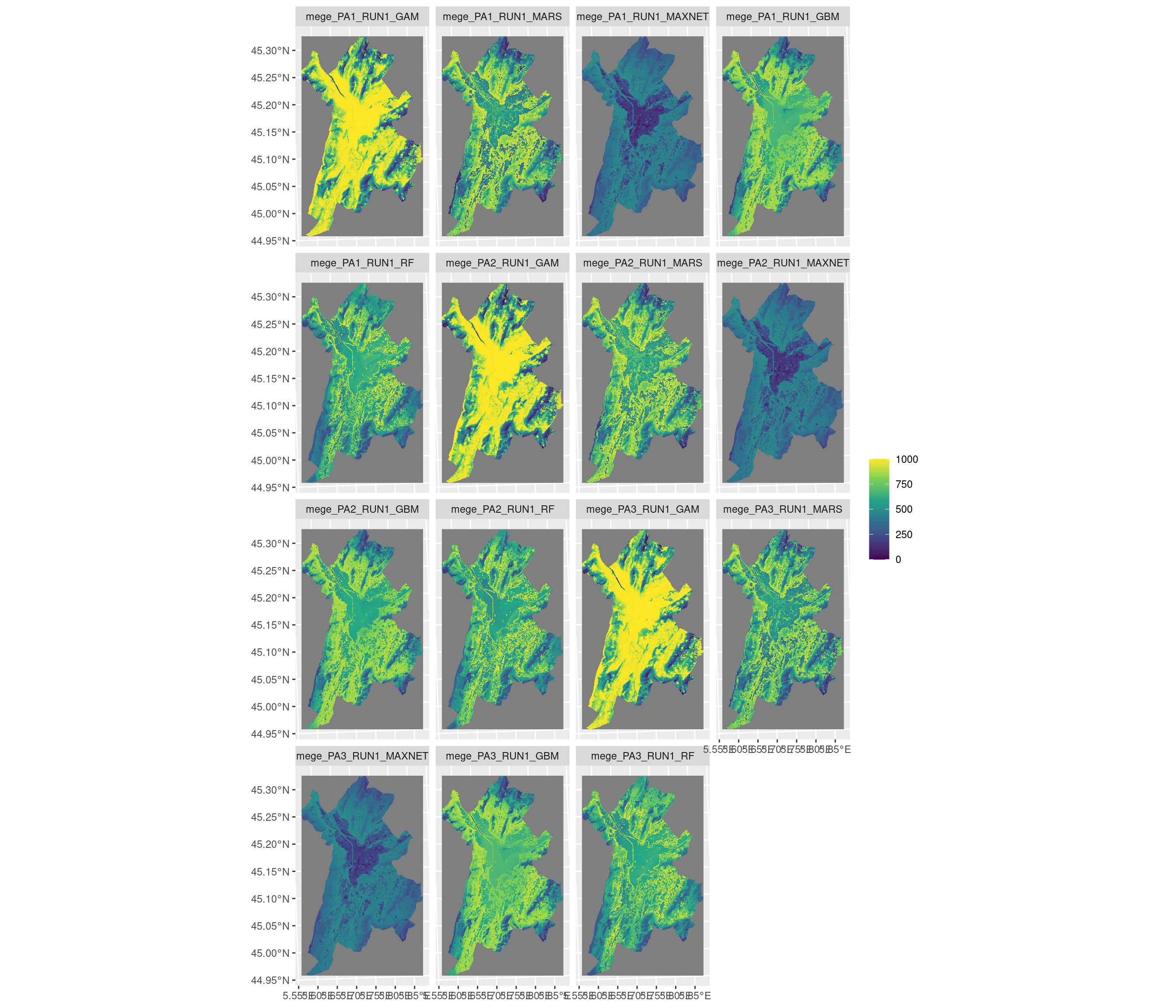 Projection de la distribution potentielle contemporaine sur la métropole de Grenoble, selon les 6 algorithmes et les 3 runs.