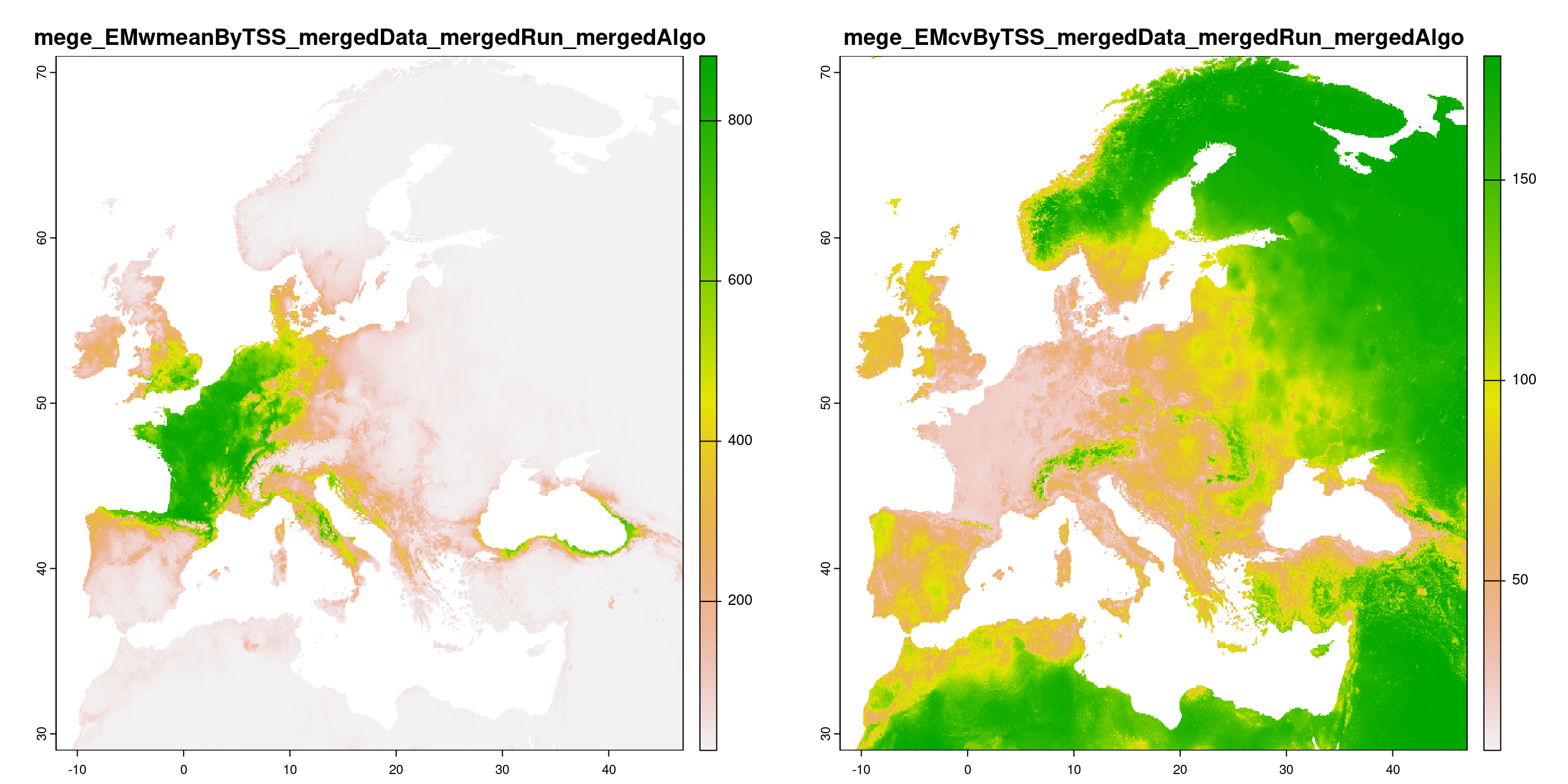 A) Projection de la distribution potentielle contemporaine (modèle d'ensemble) ; B) Incertitude associée à la projection.