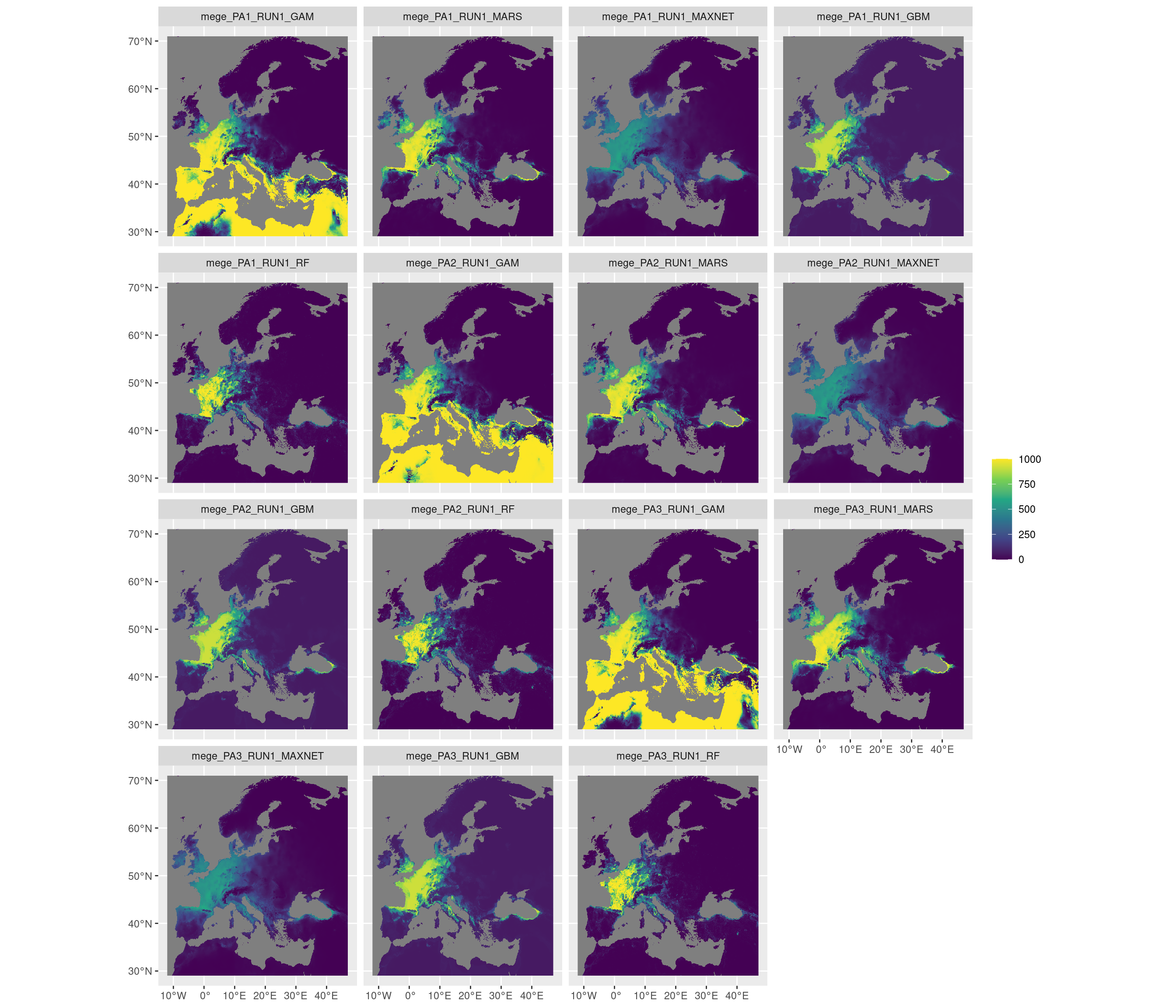 Projection de la distribution potentielle contemporaine sur l'Europe, selon les 6 algorithmes et les 3 runs.