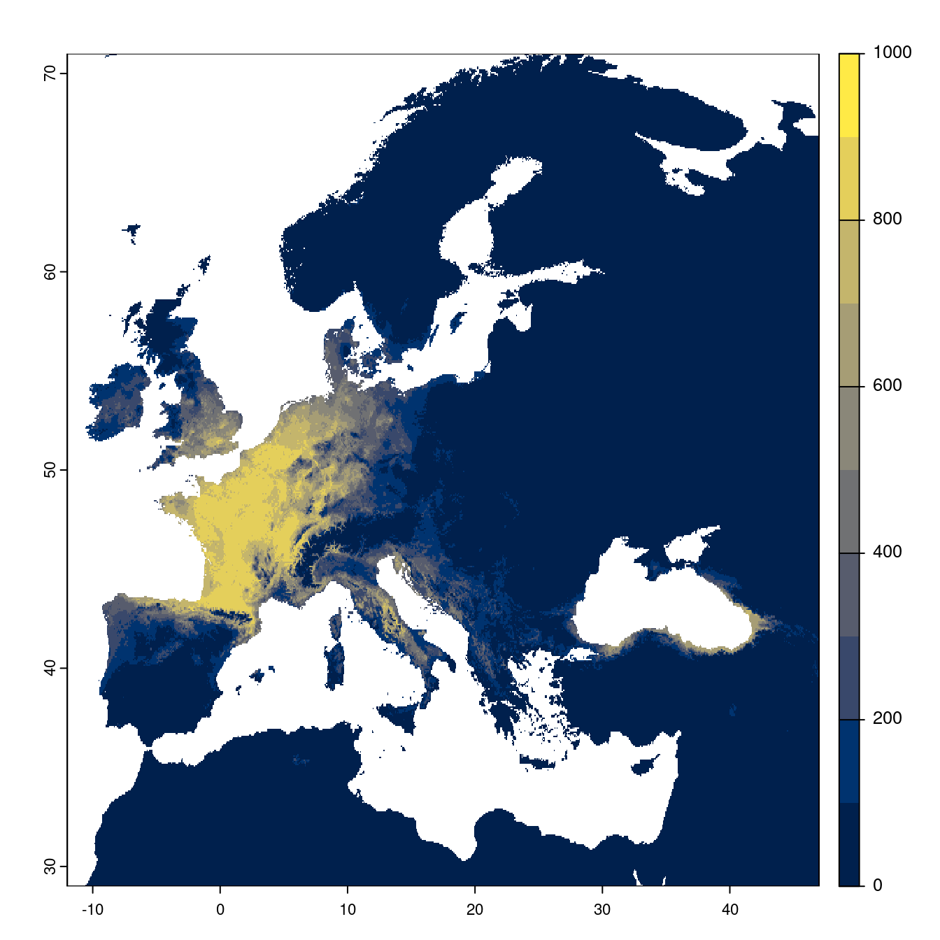 Projection des distributions potentielles futures jusqu'à l'horizon 2100 sous le scénario SSP5-8.5 (modèle d'ensemble).