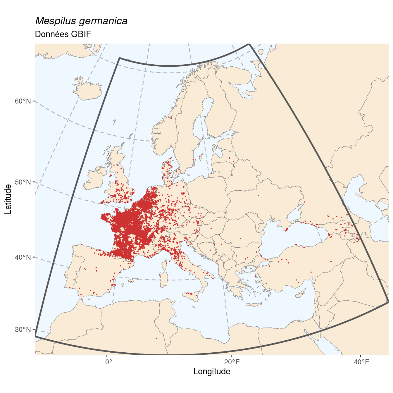 Occurrence de Mespilus germanica dans la région d'endémisme.