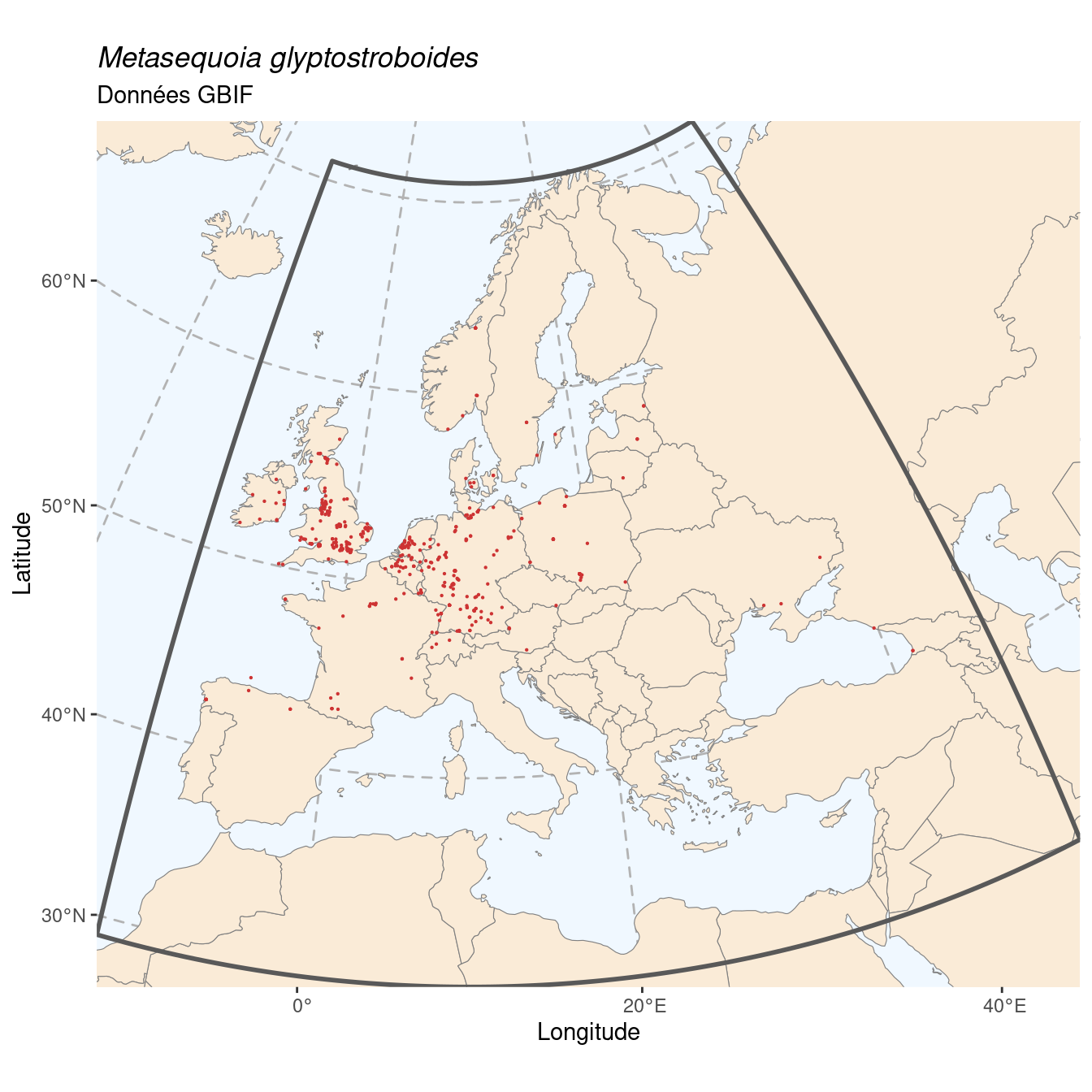Occurrence de Metasequoia glyptostroboides dans la région d'endémisme.