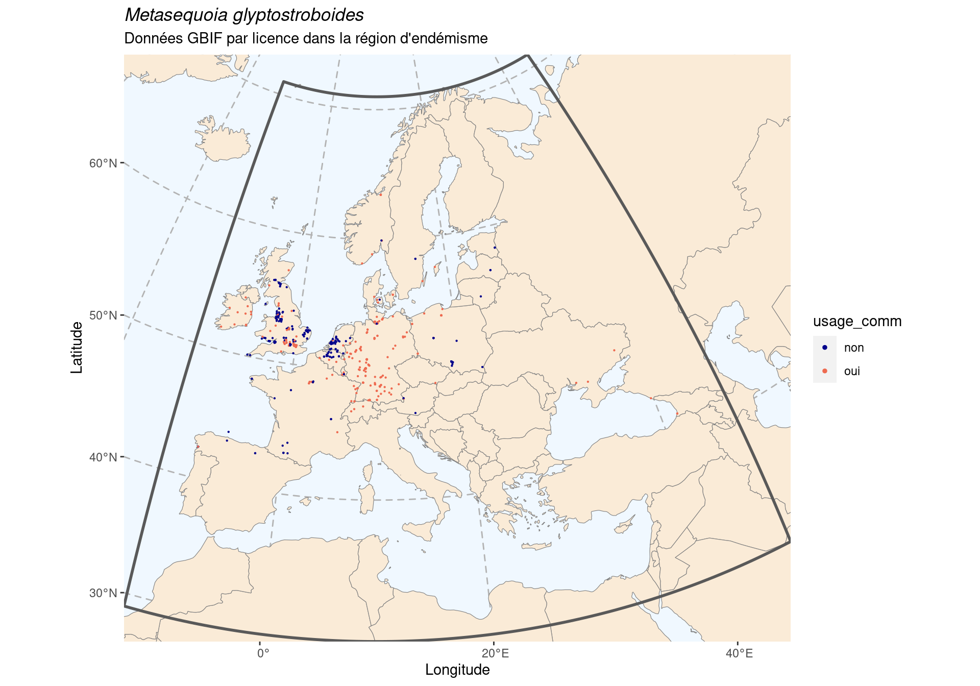 Occurrence de Metasequoia glyptostroboides dans la région d'endémisme, selon la licence : CC BY-NC en bleu ; CC0 et CC BY en orange.