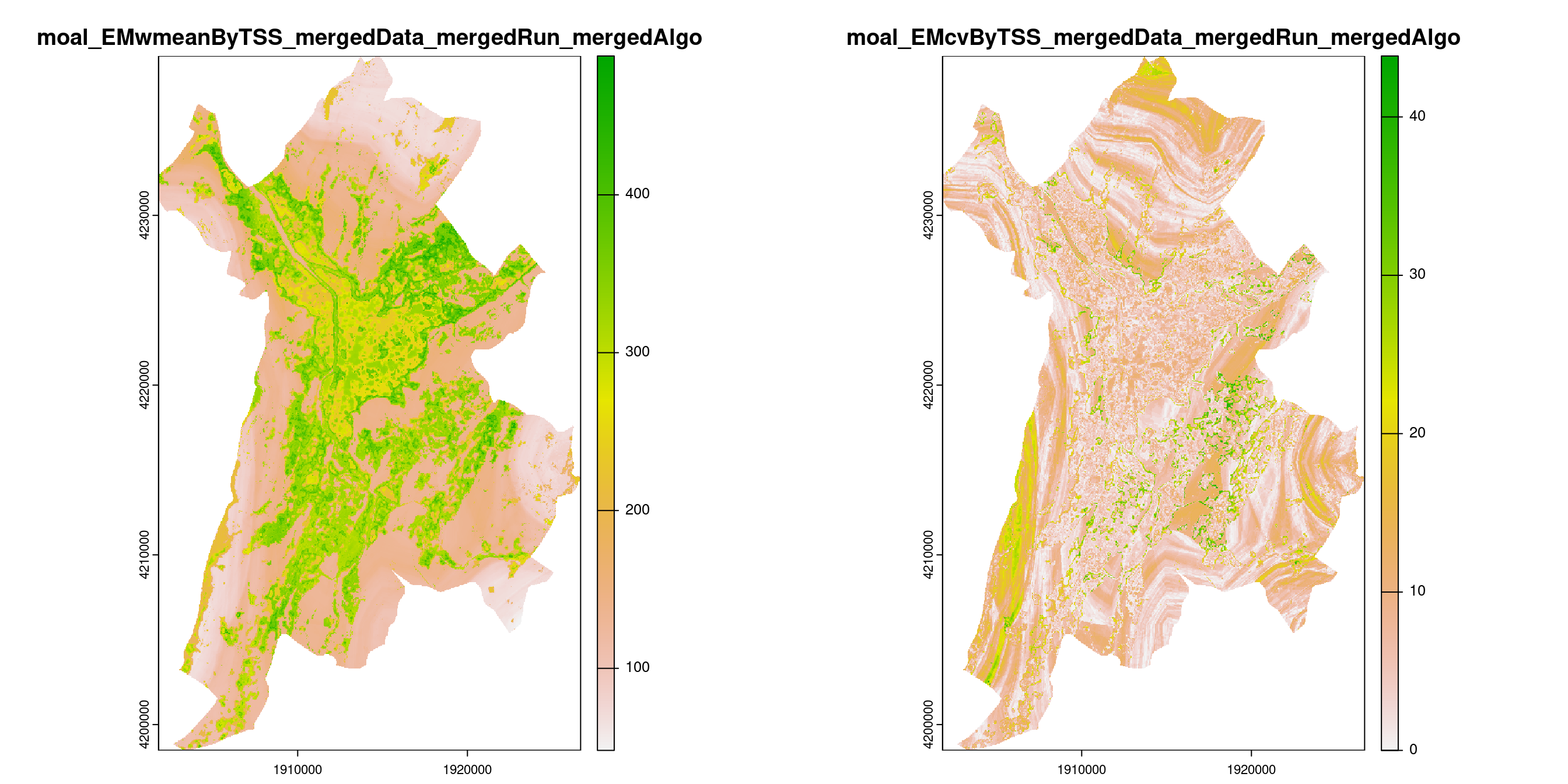 A) Projection de la distribution potentielle contemporaine (modèle d'ensemble) sur la métropole de Grenoble ; B) Incertitude associée à la projection.